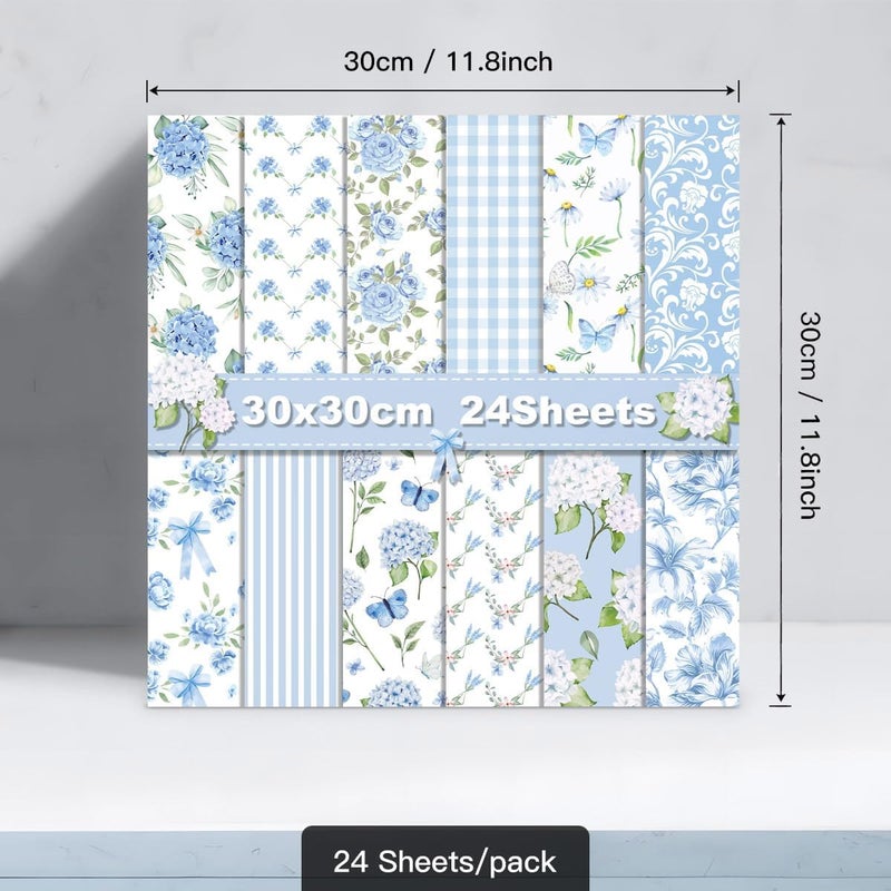 WLXTREE Blue Floral Scrapbook Paper, 24 Sheets Double Sided, Hydrangea Flowers Decorative Cardstock Patterned Paper for Card Making, Photo Album, Journal, DIY Craft - Image 2